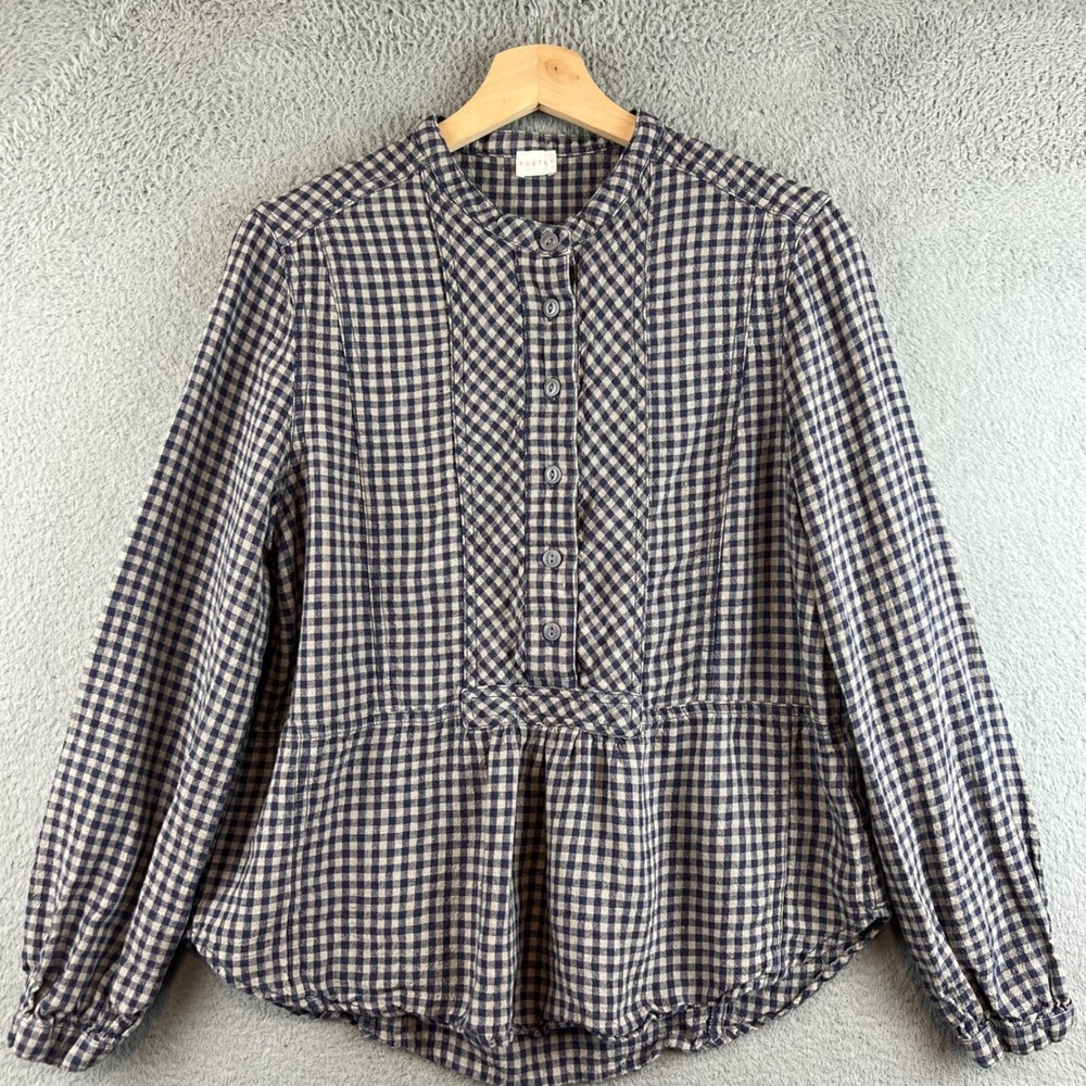 Poetry Navy Blue Gingham 100%Linen Band Collar Bib Front Blouse Top 10